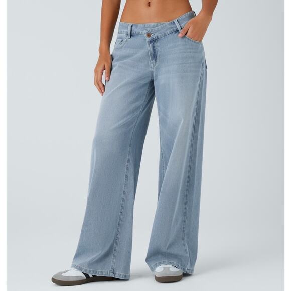Halara Denim - Sz Lg Tall HALARA Light Blue Low-Rise Asymmetric Wide-leg Stretch Pocket Jeans